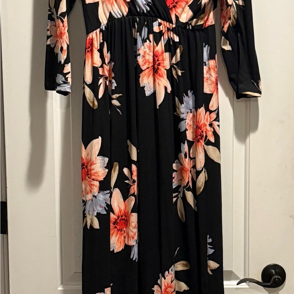 Mother Bee Maternity Black and Coral Floral Maxi Dress